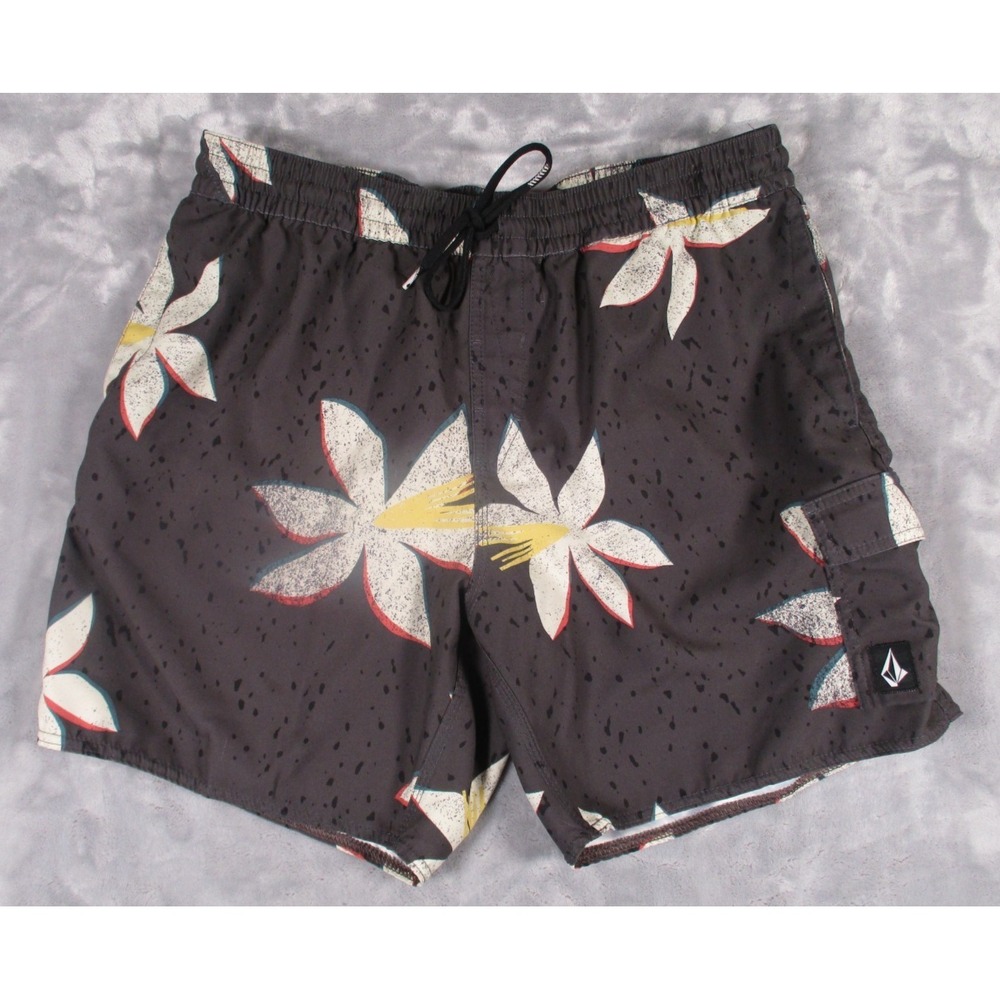 Volcom Board Swim shorts Men XL Elastic Waist Draw Sting Pockets Black Floral
